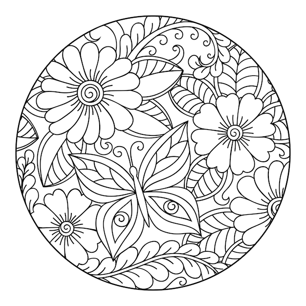 Premium vector outline round floral pattern for coloring page doodle pattern in black and white hand draw illustration