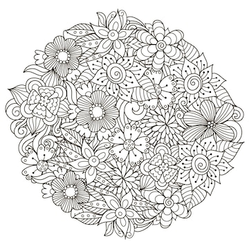 Premium vector circle shape pattern with cute flowers for coloring book