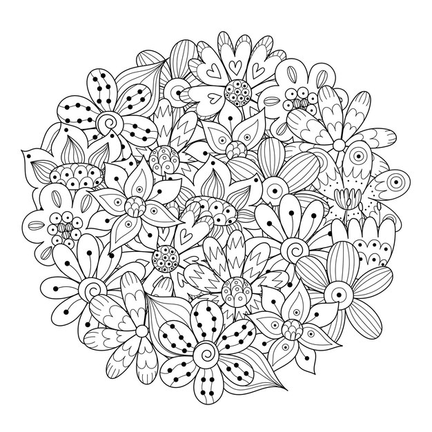 Premium vector doodle flowers circle shape coloring page hand drawn floral mandala for coloring book