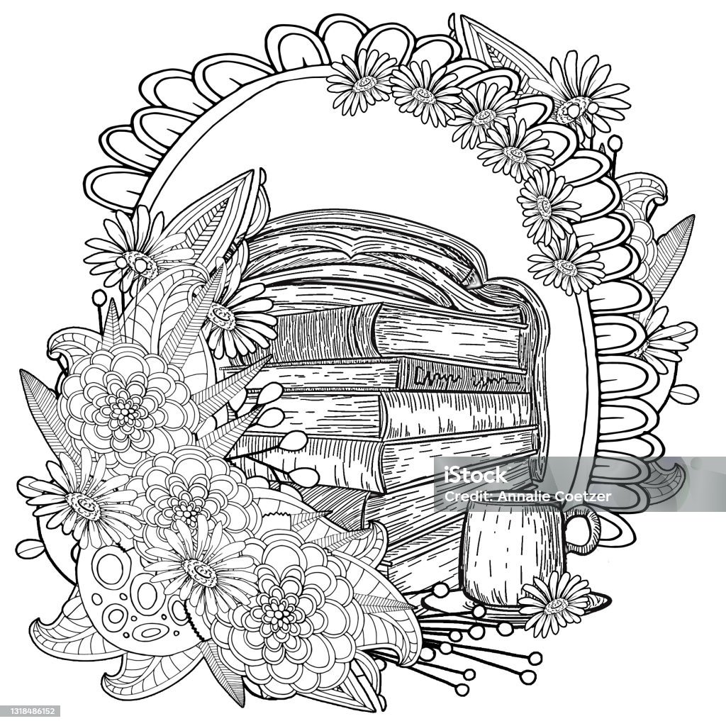 Book bundle in flowers coloring page adults stock illustration