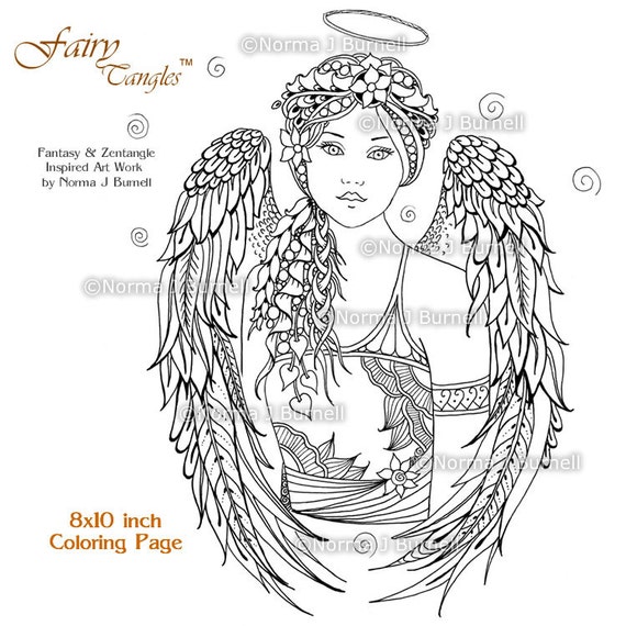 Angel fairy tangles adult printable coloring book pages by norma burnell digital coloring sheets angels to color adult coloring for grownups