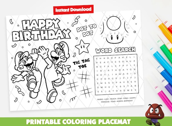 Super mario coloring sheet activity sheet activity placemat game placemat super mario printable birthday party games instant download download now