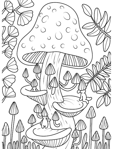 Premium vector mushroom tree coloring page for adults