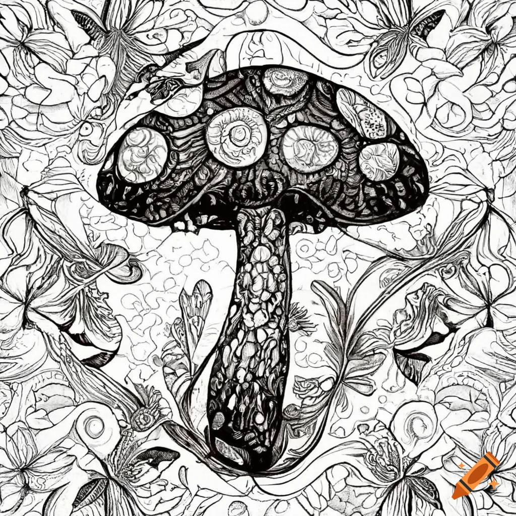 Black and white art nouveau mushroom coloring page on