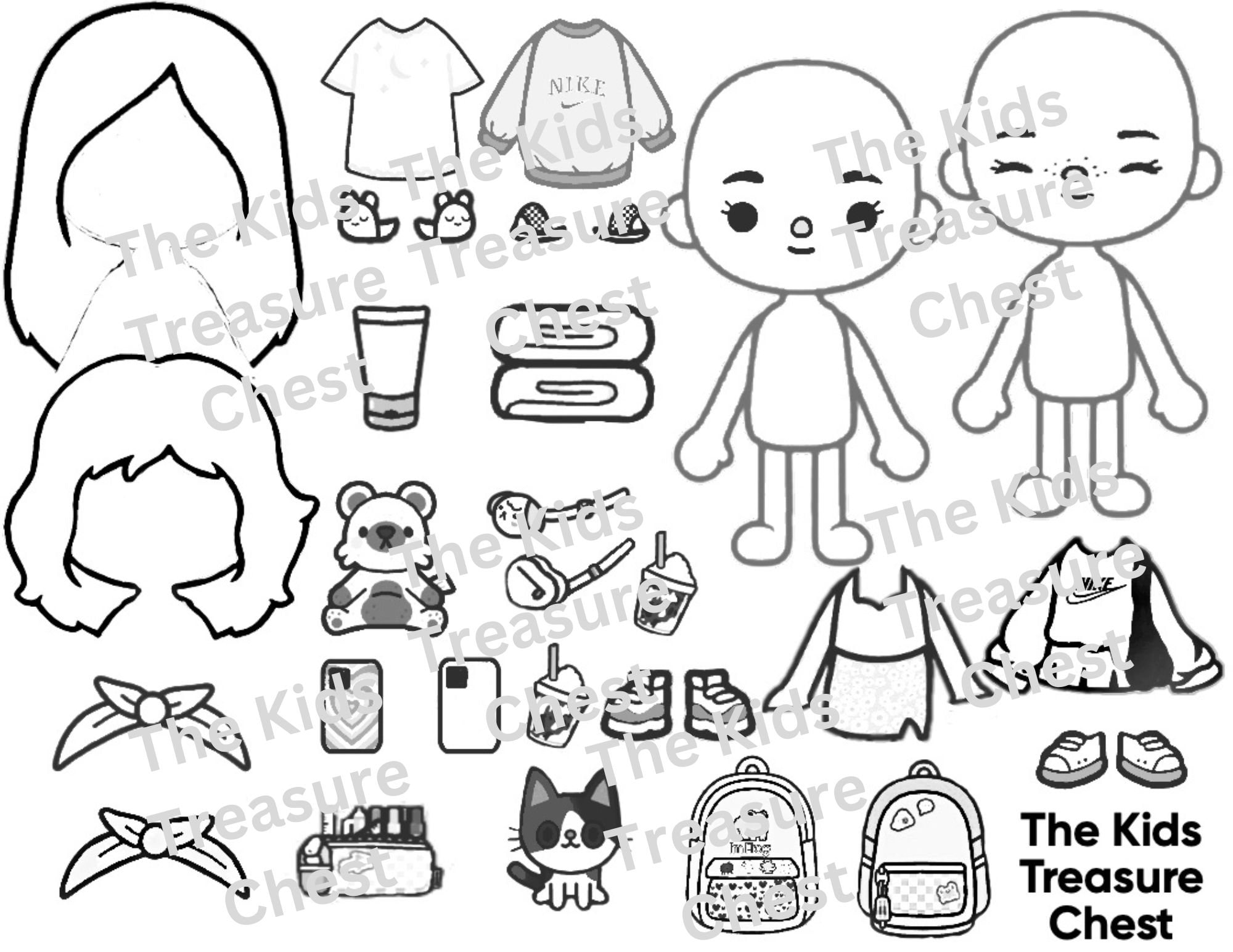 Toca boca uncolored pages paper sleepover bw dolls furniture background and accessories printable downloadable kids play