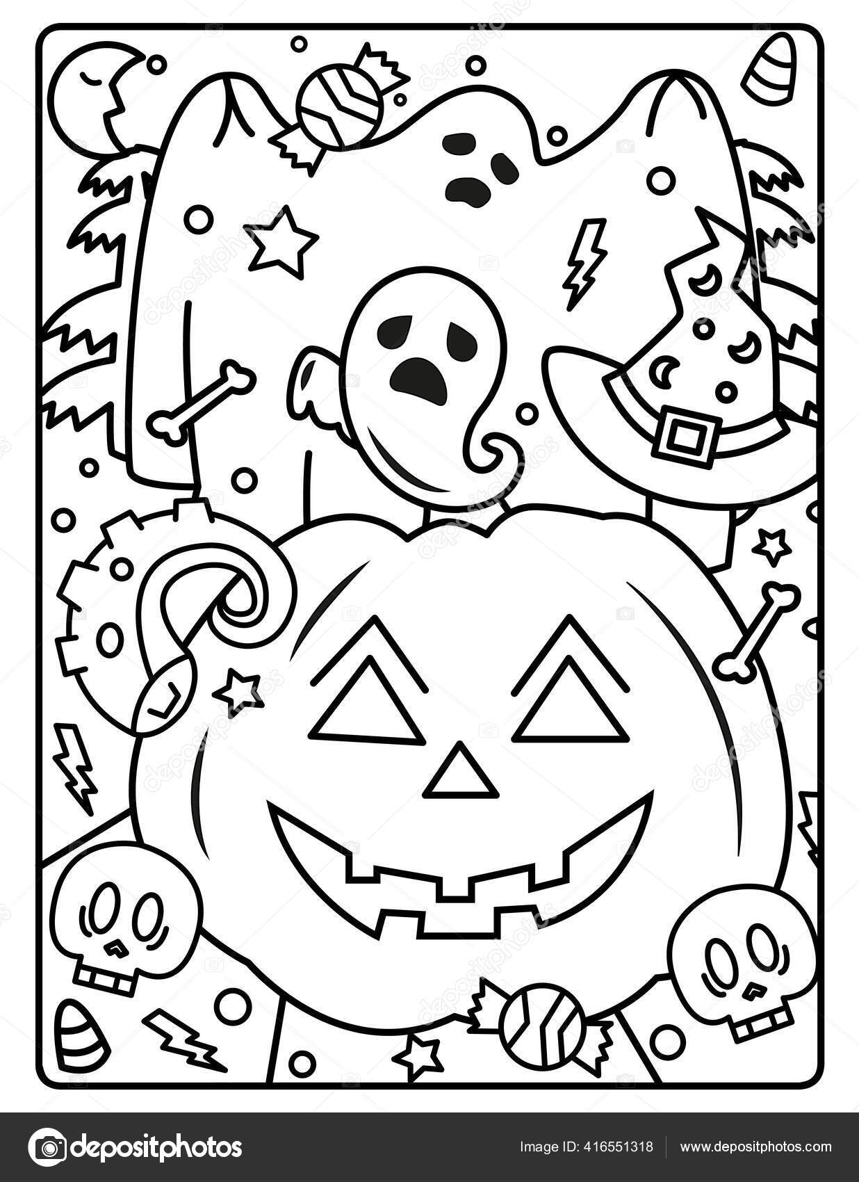 Halloween coloring page kids download cute adorable halloween coloring page stock illustration by miketoonstudio