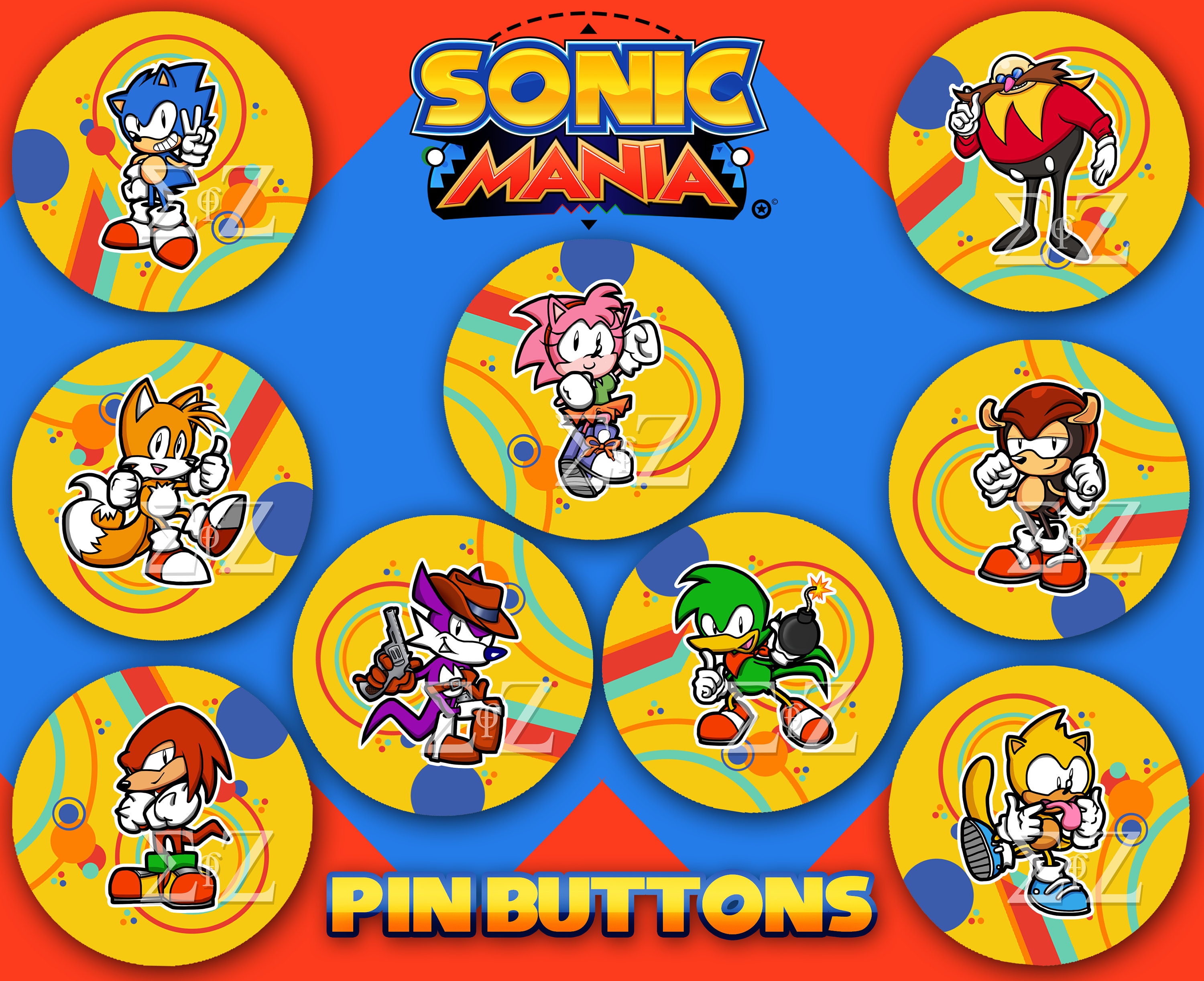 Sega sonic mania pin buttons incl sonic the hedgehog tails knuckles amy rose eggman shadow rouge silver ray mighty bean more