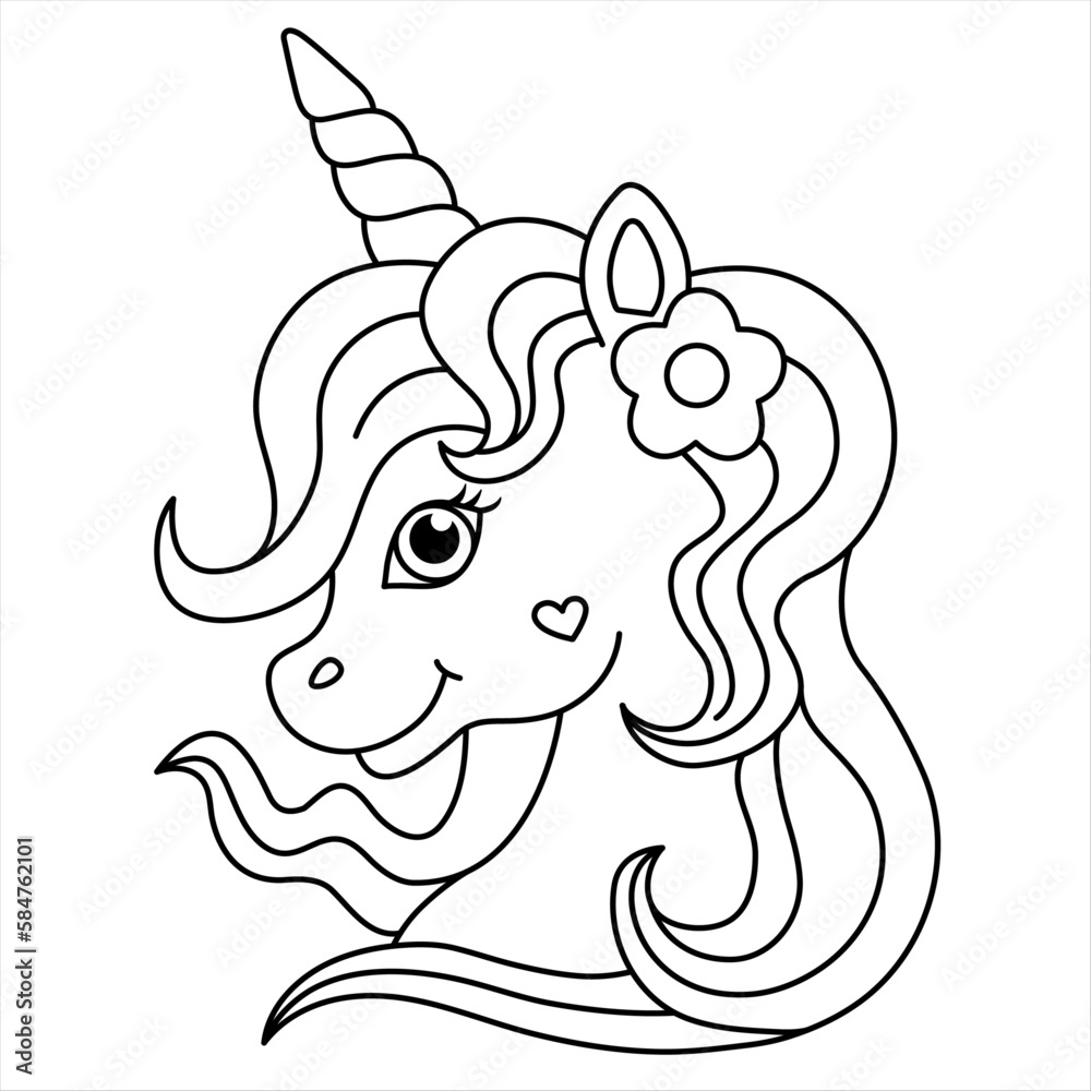 Cute unicorn head coloring page magical unicorn illustration for children vector illustration of a beautiful cartoon unicorn character vector