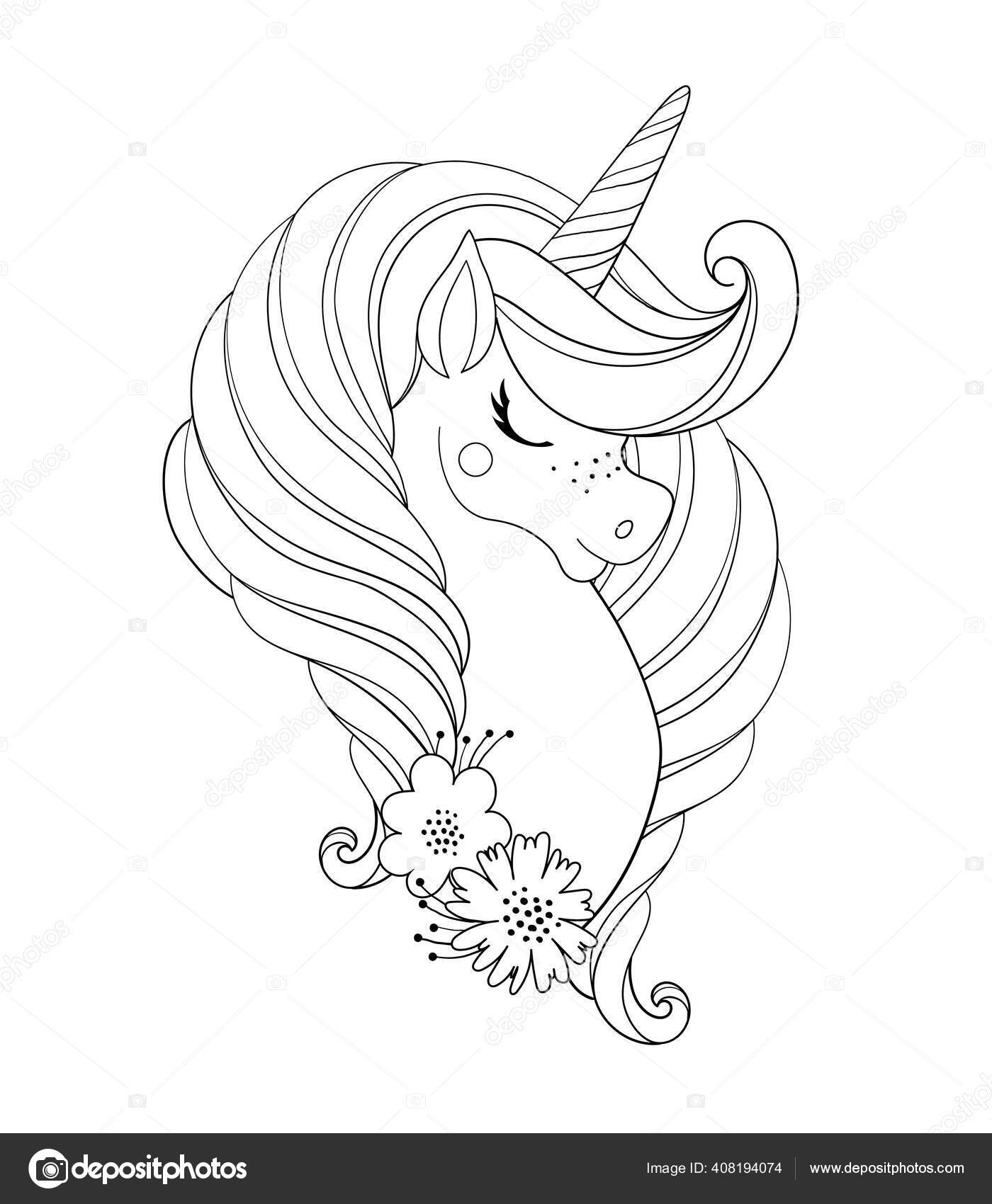 Unicorn head with flowers beautiful portrait of a magic horse drawing coloring book for a girl linear sketch for design vector doodle illustration isolated on white background stock vector by antusenok