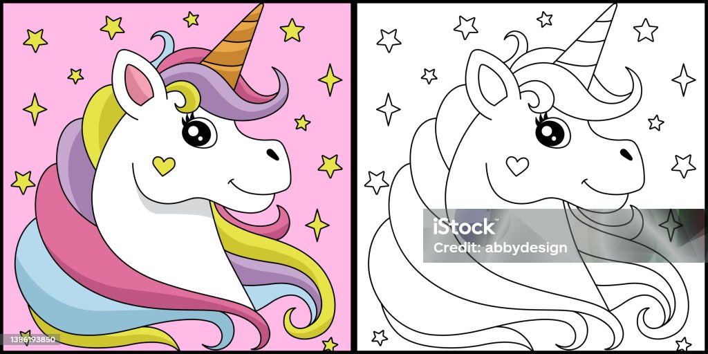 Unicorn head coloring page colored illustration stock illustration