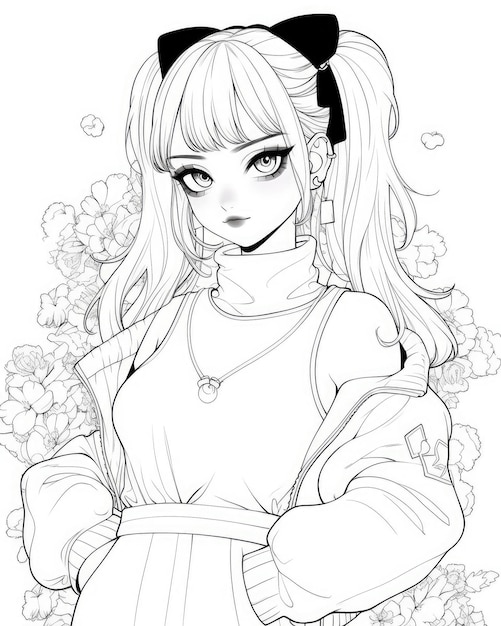 Premium ai image anime coloring page black and white line art of popular asian female character from manga scene