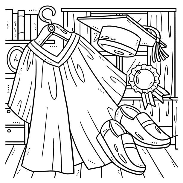 Graduation cap toga and shoes coloring page stock illustration