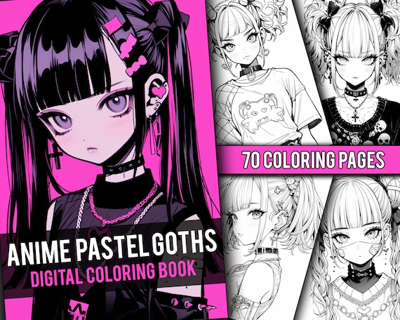 Anime goth girls coloring book page manga fantasy greyscale coloring pages for children adults instant download printable pdf instant download