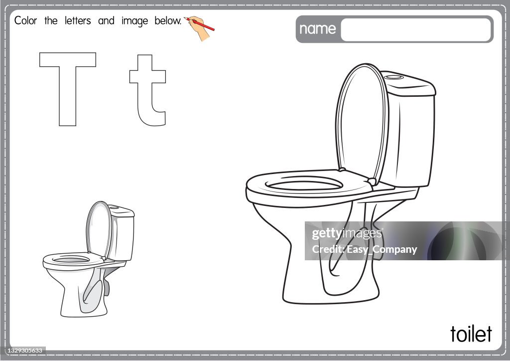 Vector illustration of kids alphabet coloring book page with outlined clip art to color letter t for toilet high