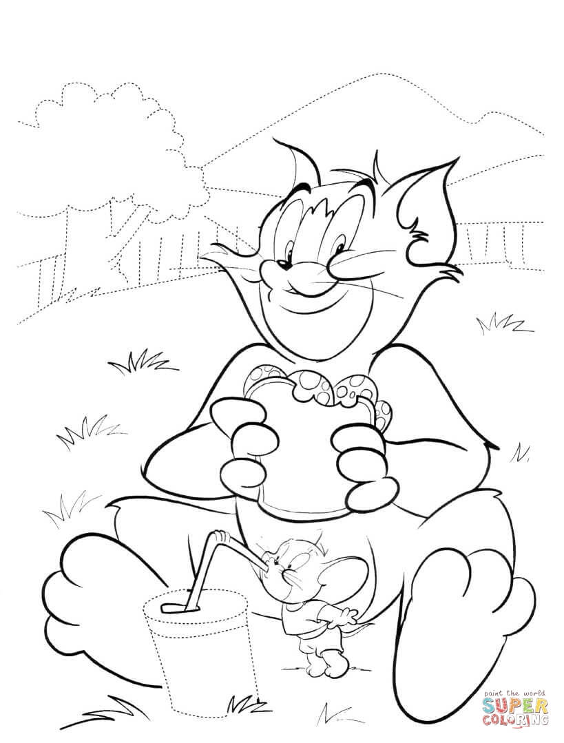 Tom is eating a sandwich and jerry is drinking a cocktail coloring page free printable coloring pages