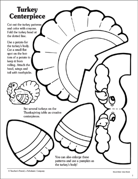 Turkey centerpiece pattern printable arts and crafts skills sheets