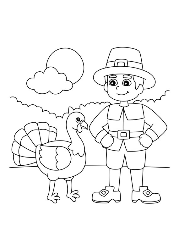 Mr pilgrim tom turkey thanksgiving digital download coloring page printable