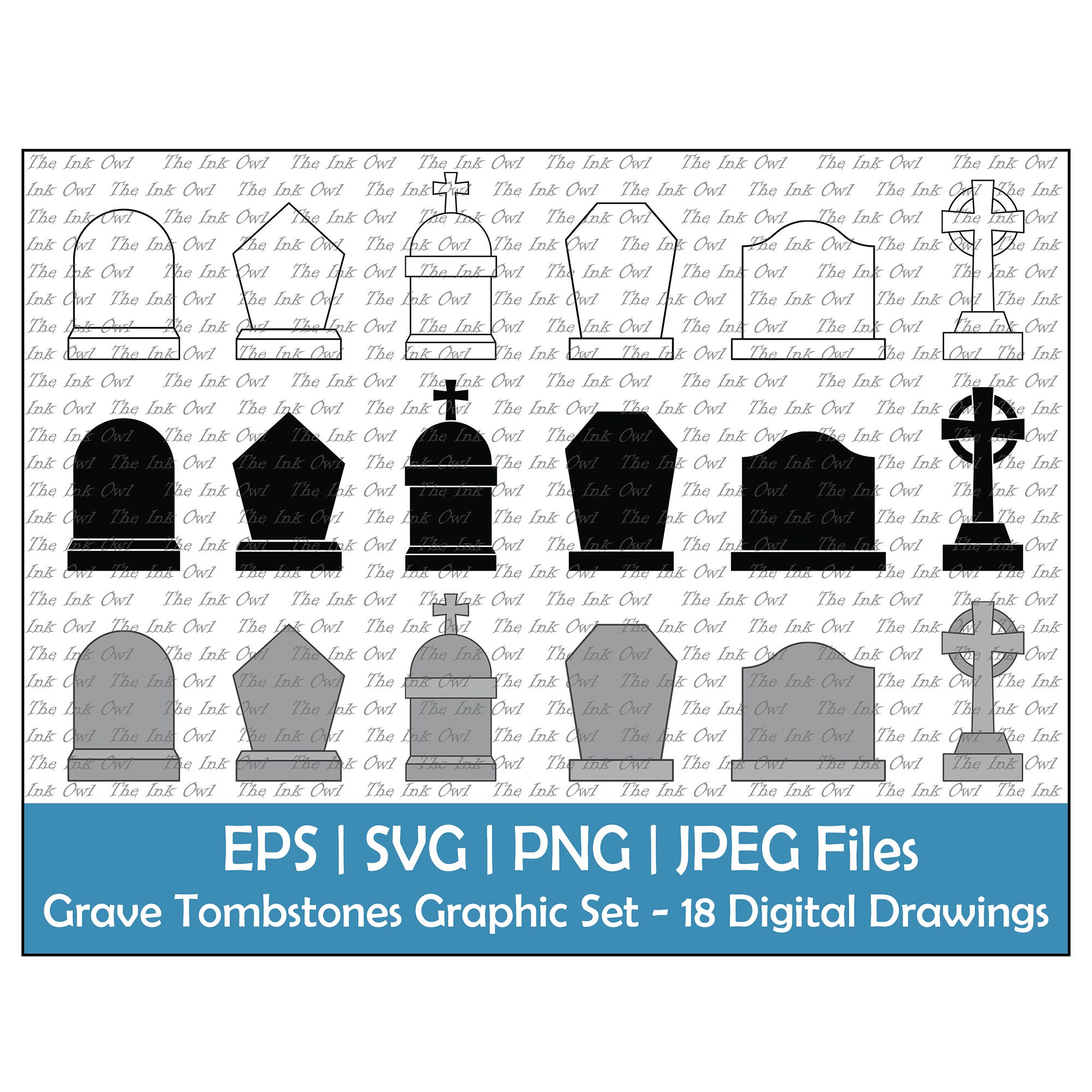 Blank grave or tombstone memorial vector clipart set outline silhouette color graphic with cross halloween svg png eps jpg instant download