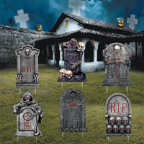 Halloween tombstones yard sign cutouts rip graveyard tombstones outdoor props spooky headstone cemetery yard decorations with metal stakes