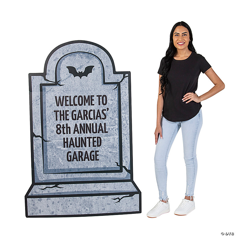 Personalized cardboard cutout tombstone stand