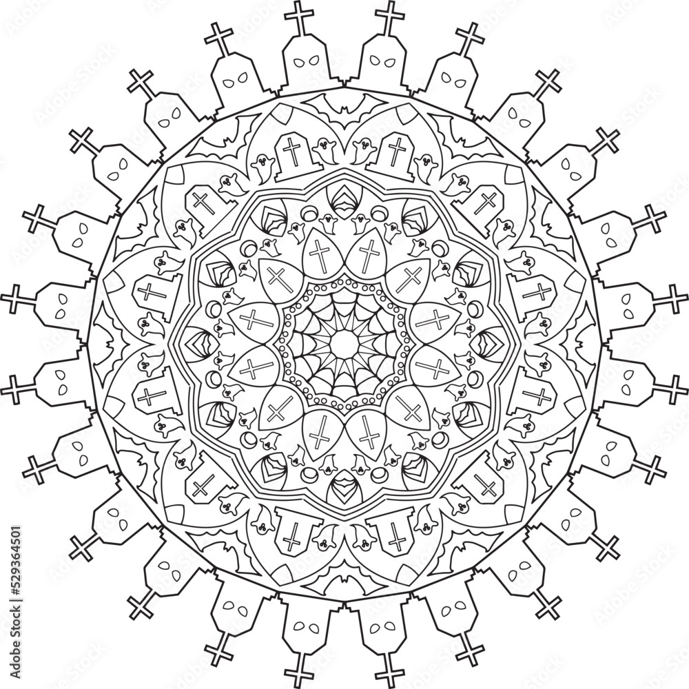 Easy mandala simple mandala doodle halloween coloring tombstone pattern vector on transparent background decorative ornament kids friendly graphic elements coloring book page coloring sheet