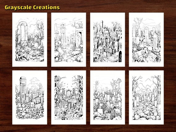 Graveyard coloring page book halloween tombstone cemetery printable pdf sheets instant download grayscale coloring adults kids