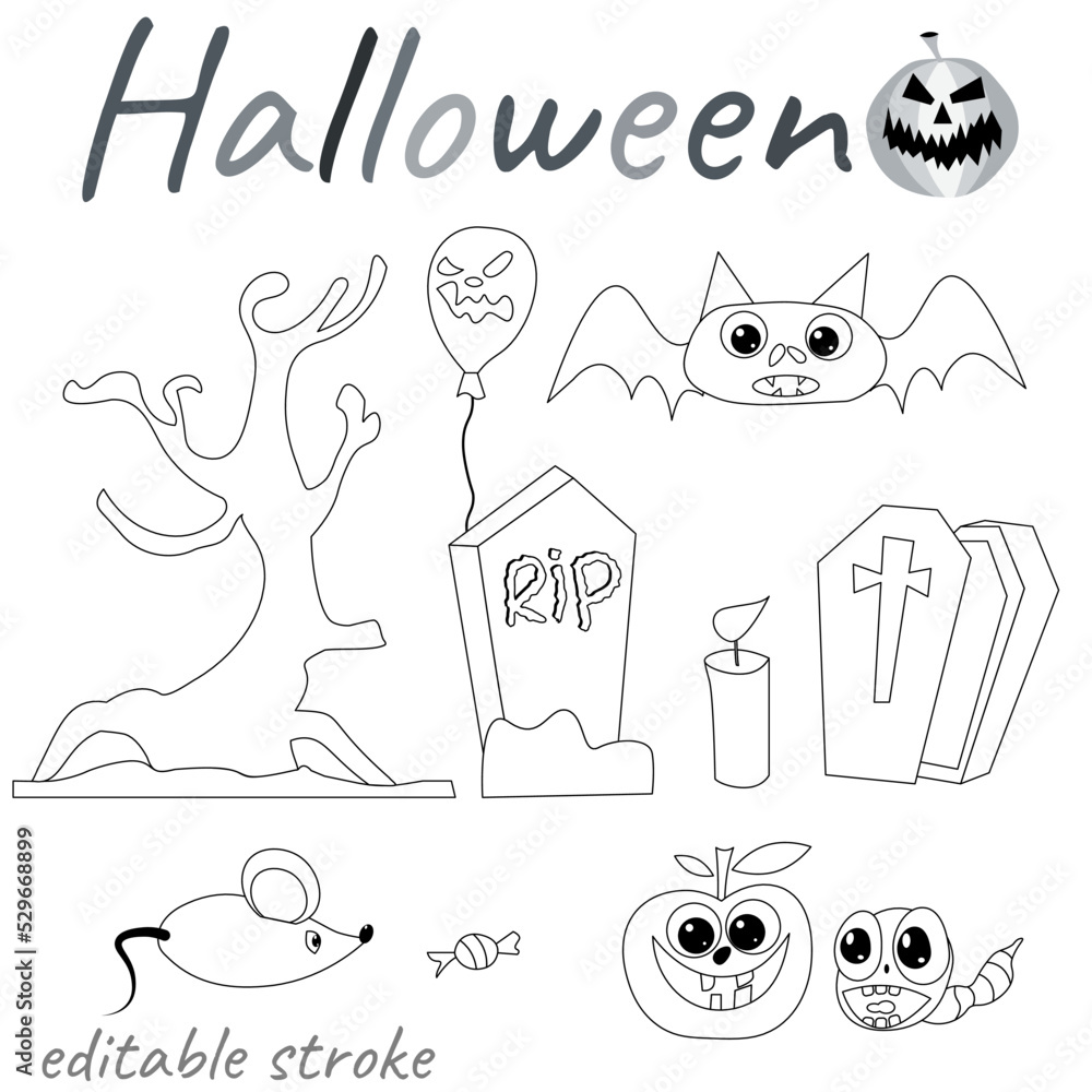 Happy halloween set of wood tombstone bat apple and worm halloween coloring page vector