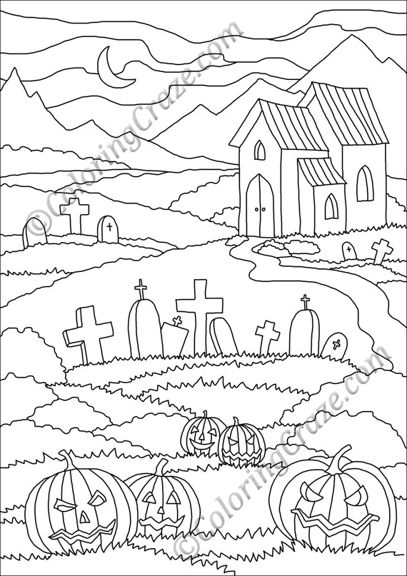 Halloween coloring page digital printable pdf illustration day of the dead art adult coloring books graveyard tombstone pumpkin