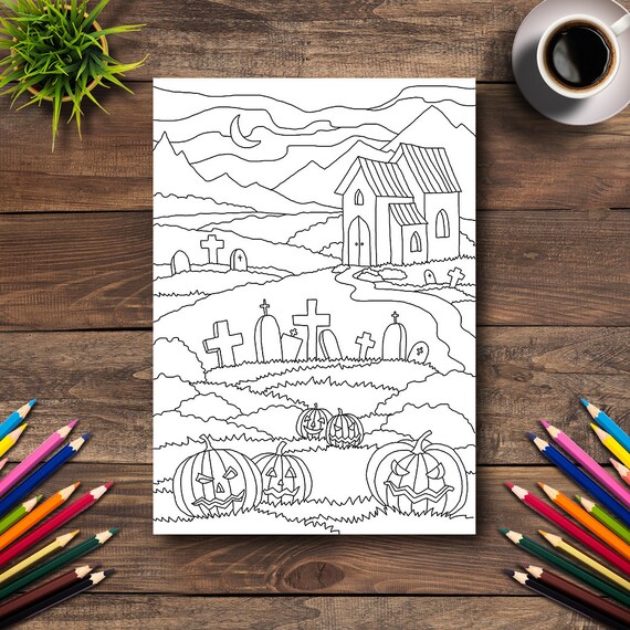 Halloween coloring page digital printable pdf illustration day of the dead art adult coloring books graveyard tombstone pumpkin