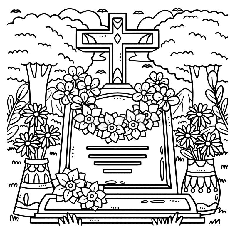 Tombstone with flower isolated coloring page stock vector