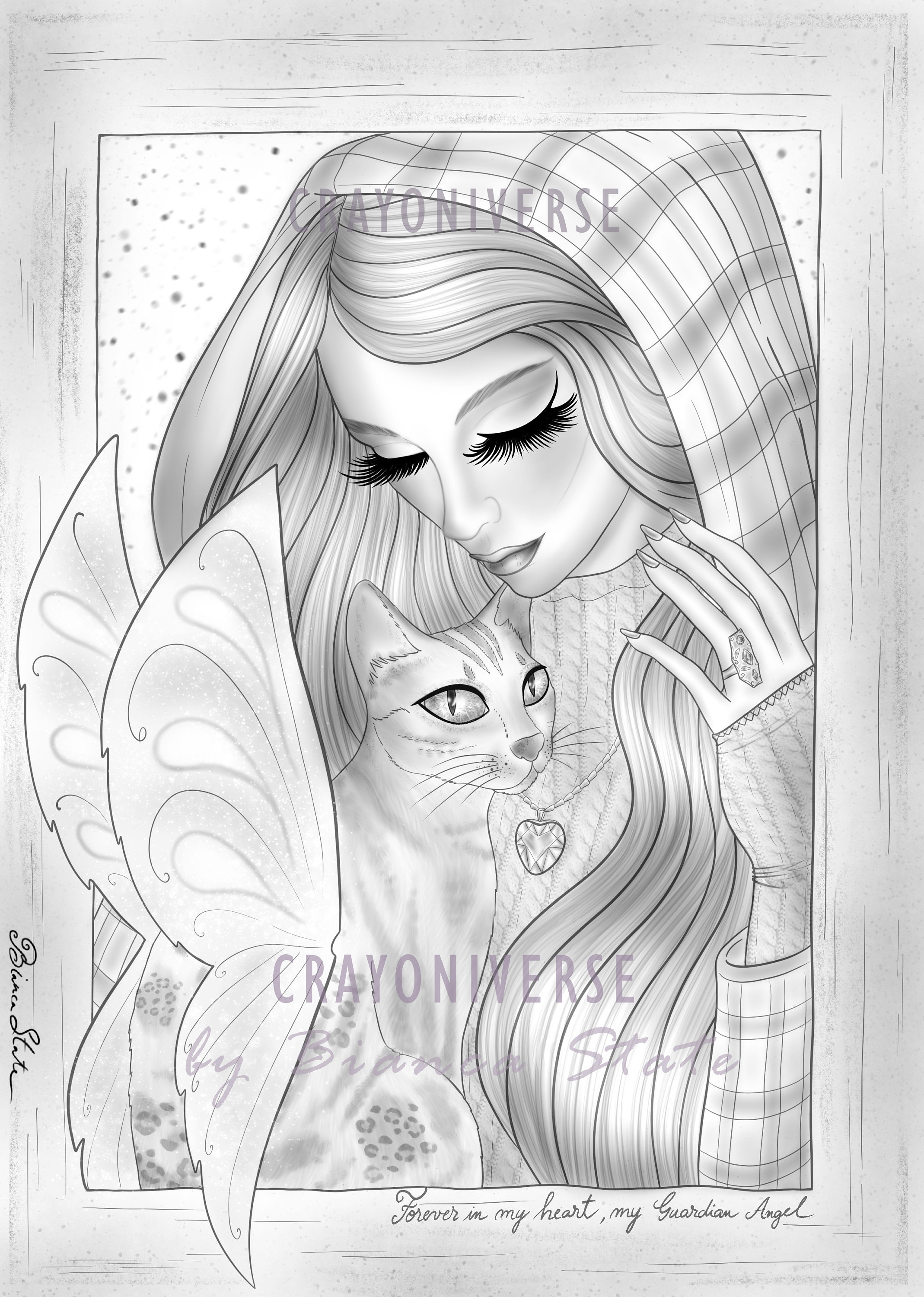 Tommy angel coloring page for adults instant download printable file grayscale illustration jpg and pdf bianca state cat