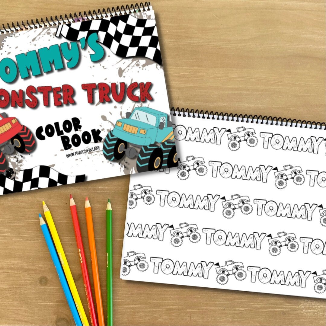 Personalized monster truck color book boys girls gift for christmasstocking stuffer travel activities