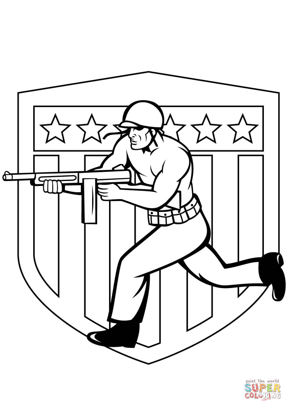 Us soldier running with tommy gun coloring page free printable coloring pages