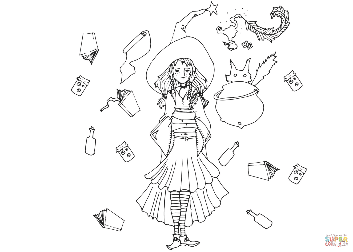 Magical school girl witch coloring page free printable coloring pages