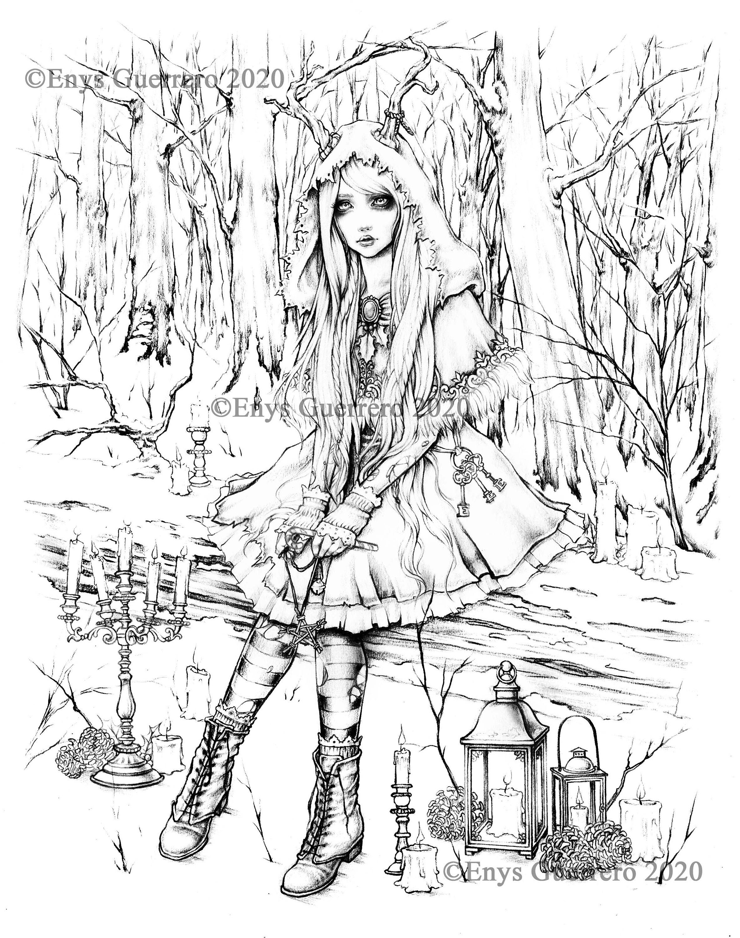 Once upon a time in yule coloring page goth fantasy printable download jpg by enys guerrero instant download