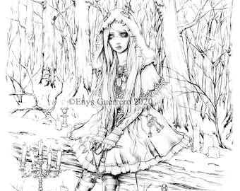 Once upon a time in yule coloring page goth fantasy printable download jpg by enys guerrero instant download