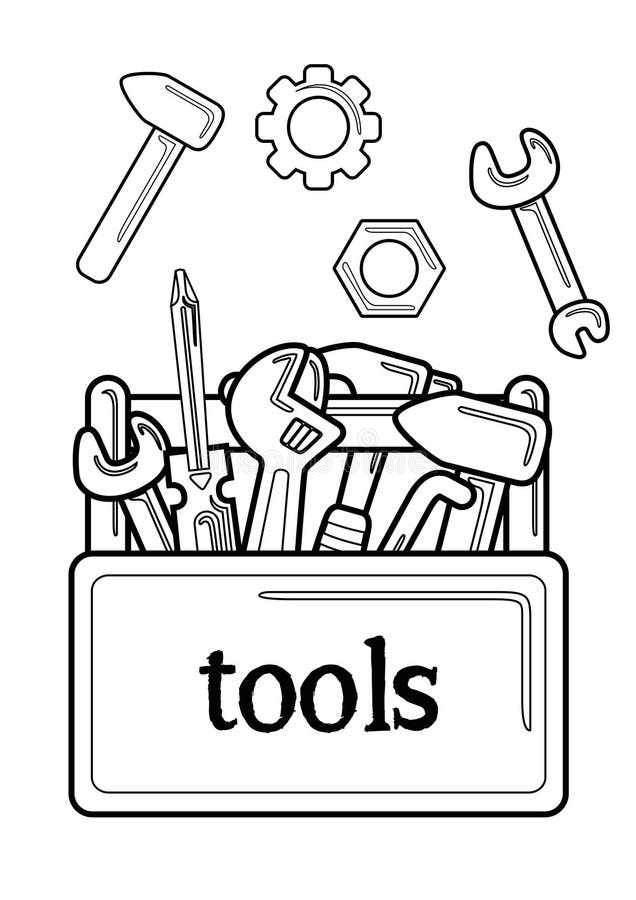 Tools coloring pages for kids and adult stock illustration