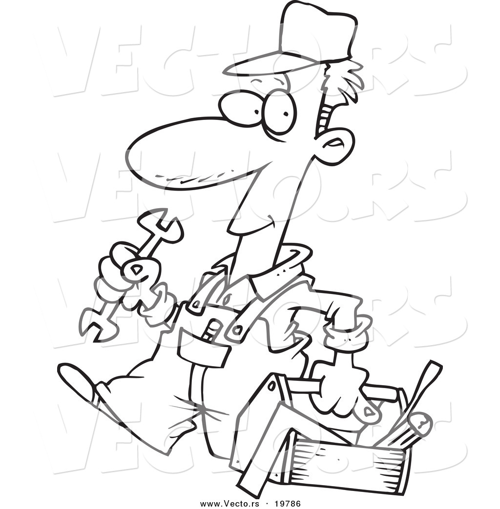 R of a cartoon repair man carrying a tool box