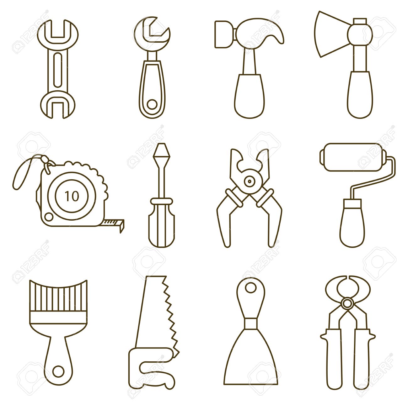 Set of working tools icons coloring book royalty free svg cliparts vectors and stock illustration image