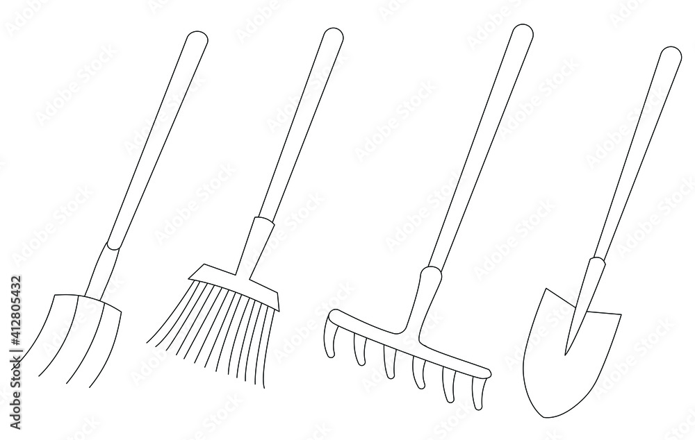 A set of tools for the garden and vegetable garden shovel rake pitchfork broom simple outline vector graphics can be used for coloring pages feature articles and infographics vector