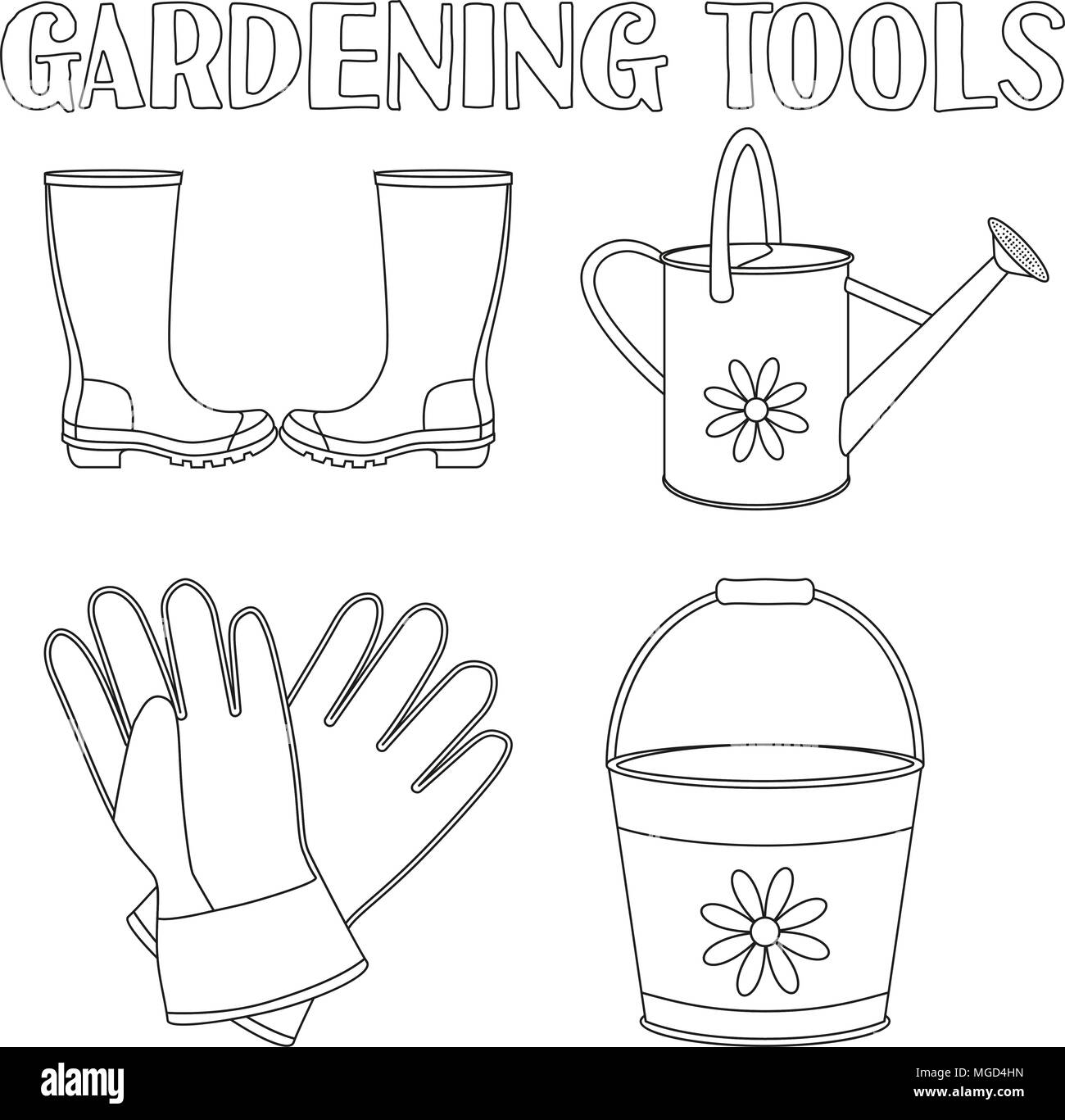 Black and white garden watering elements set coloring book page for adults and kids gardening tool vector illustration for gift card certificate s stock vector image art