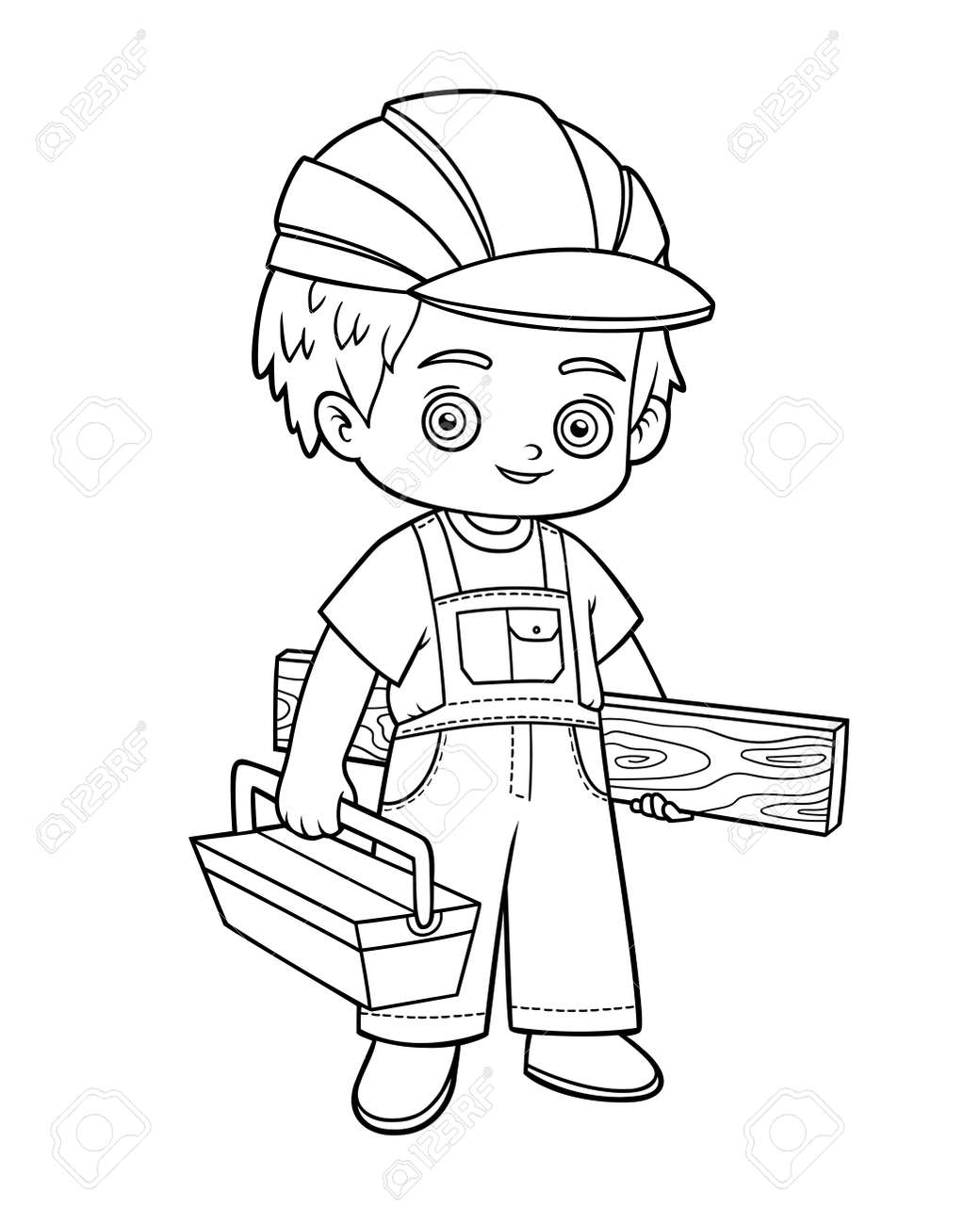 Coloring book for children builder with wooden plank and toolbox royalty free svg cliparts vectors and stock illustration image