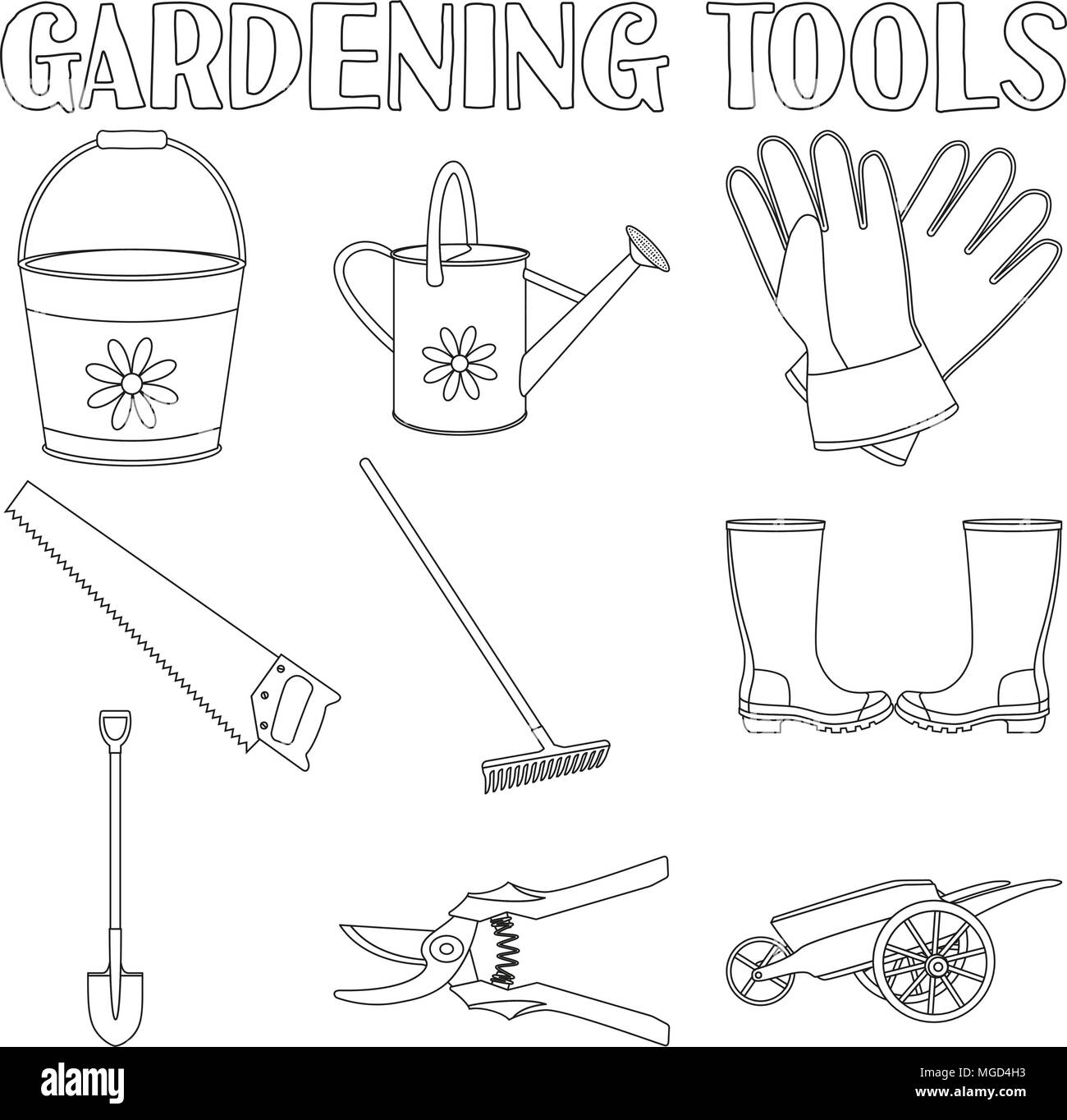 Black and white garden icon set elements coloring book page for adults and kids gardening tool vector illustration for gift card certificate stick stock vector image art