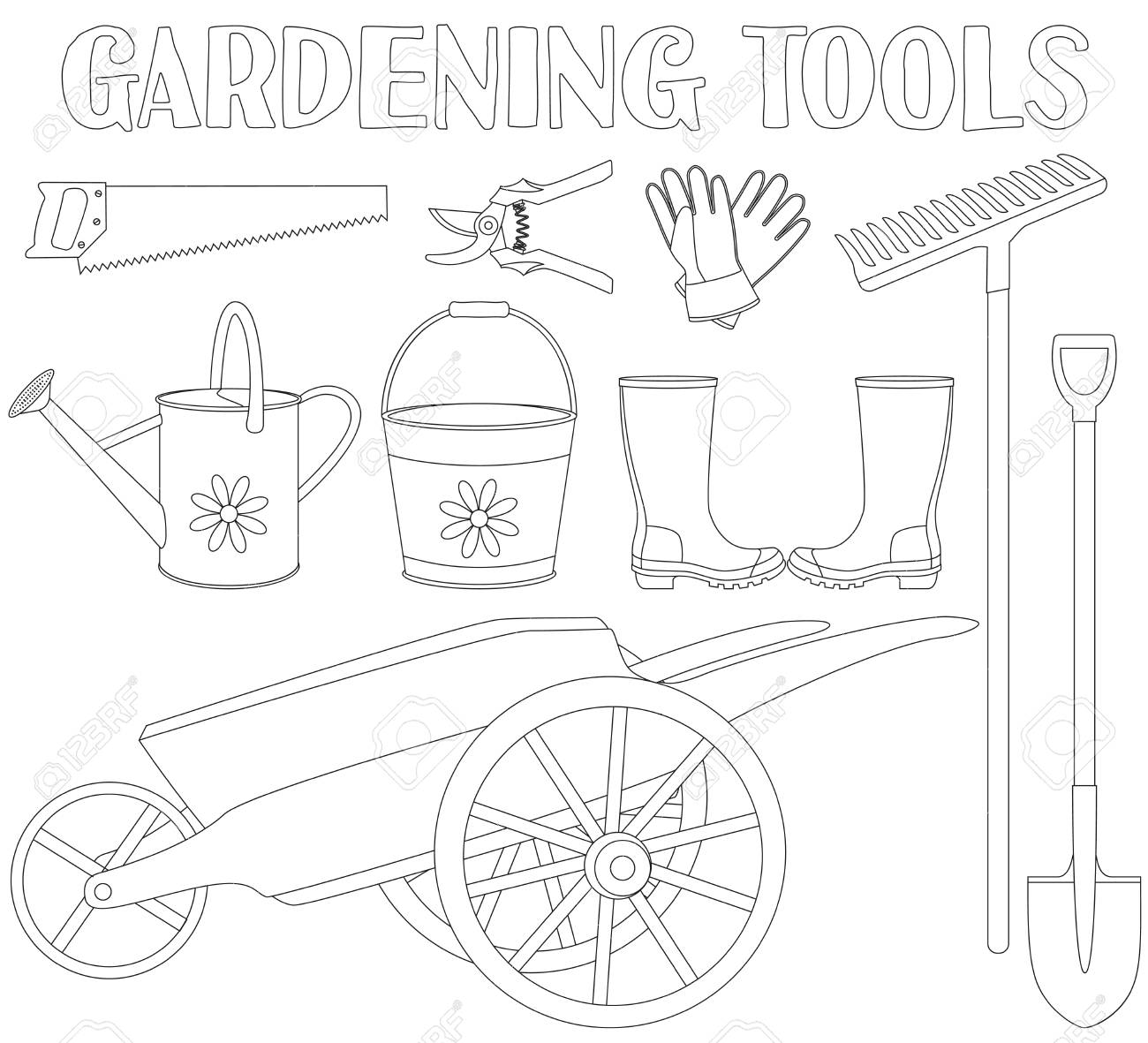 Black and white garden tool set elements coloring book page for adults and kids gardening tool vector illustration for gift card certificate sticker label icon poster patch banner invitation stock photo