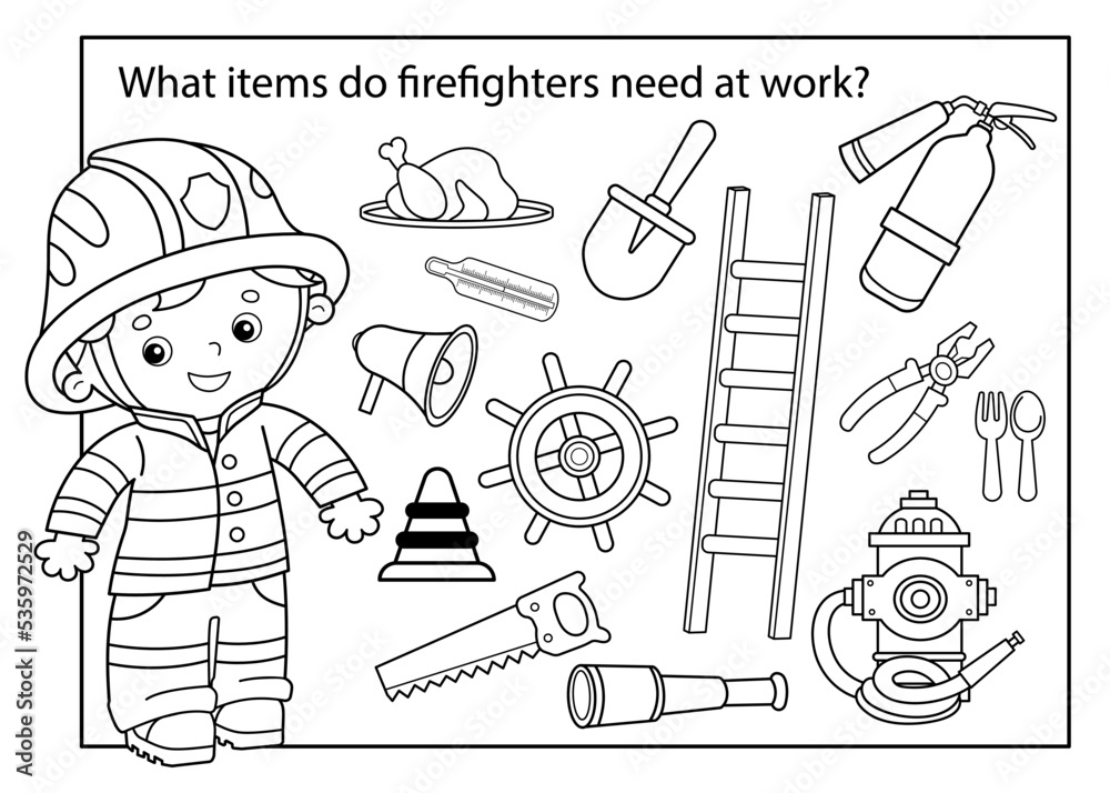 Puzzle game for children coloring page outline of cartoon fireman or firefighter profession fire extinguishing tools coloring book for kids vector