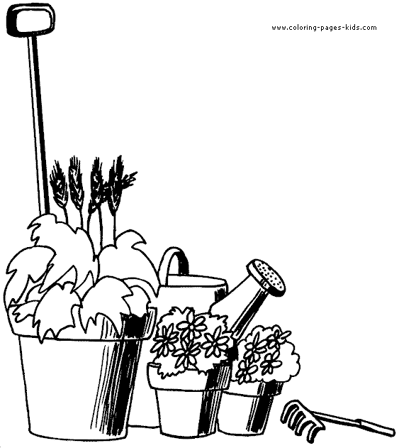 Gardening tools and plants color page