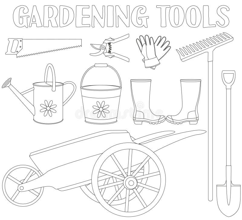 Black and white garden tool set elements stock illustration