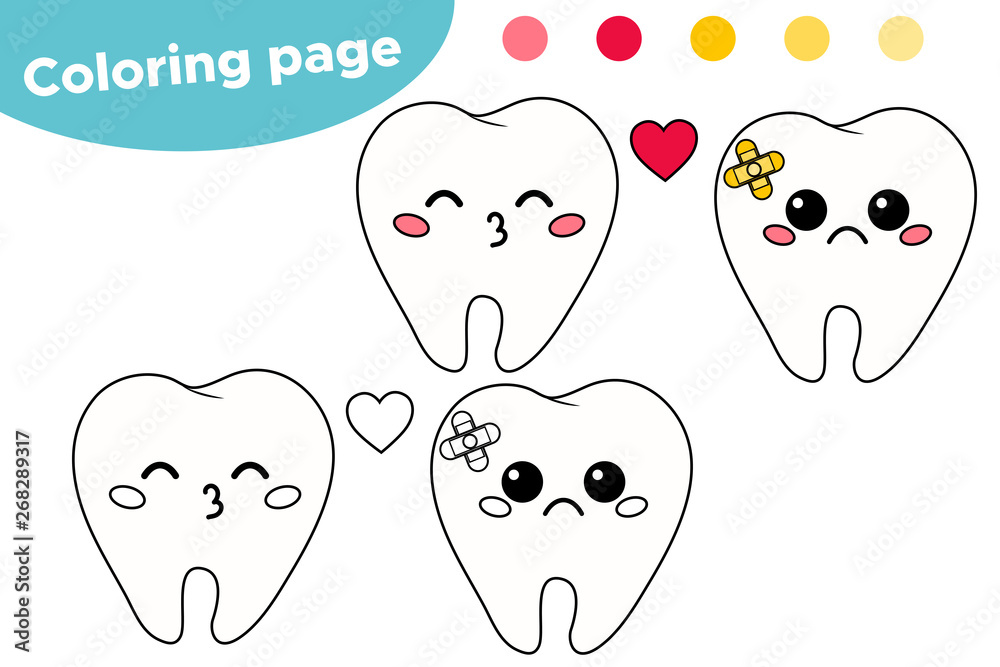 Cute kawaii cartoon teeth coloring page for kids about dental hygiene vector tooth with plaster vector