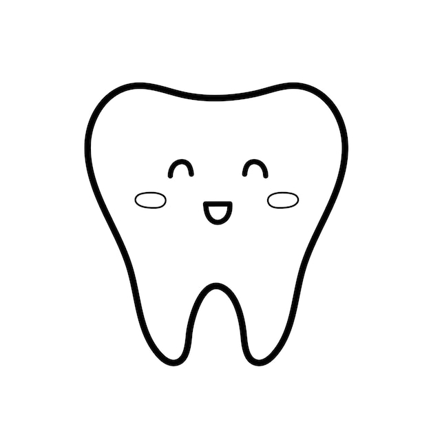 Premium vector happy smiling tooth in black and white healthy dental character coloring page for kids