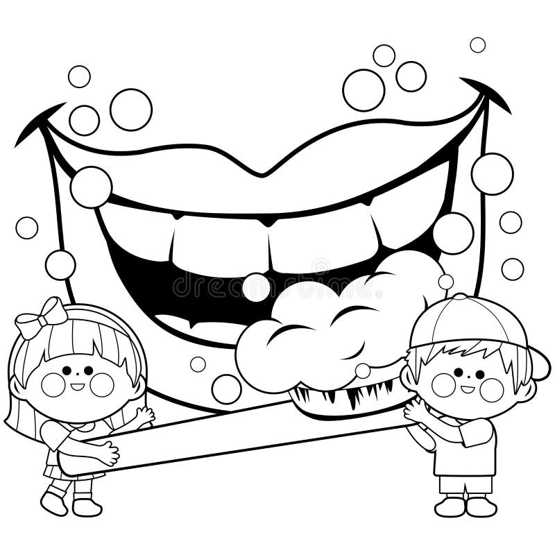 Children holding a toothbrush and brushing teeth vector black and white coloring page stock vector